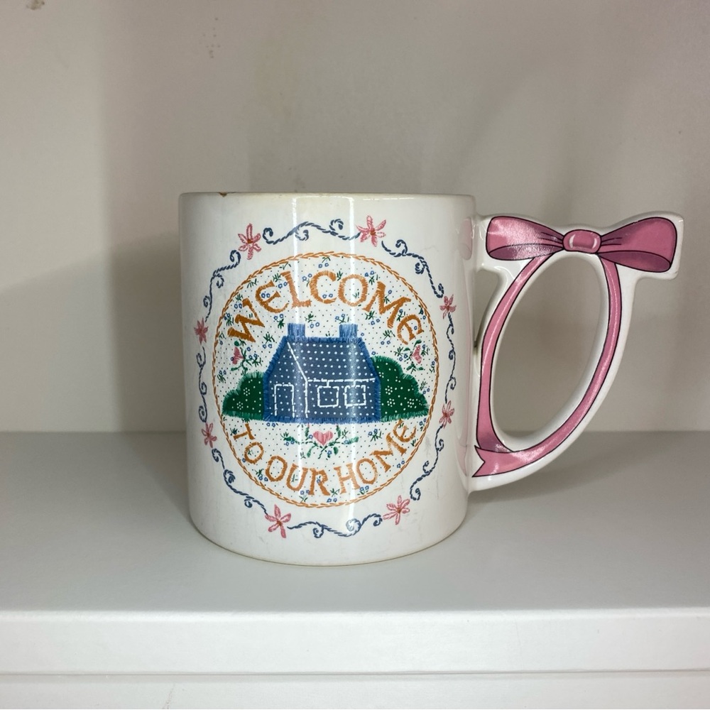 Welcome Home White Mug w/ Pink Bow Handle 80’s Vintage Cottagecore Romantic
